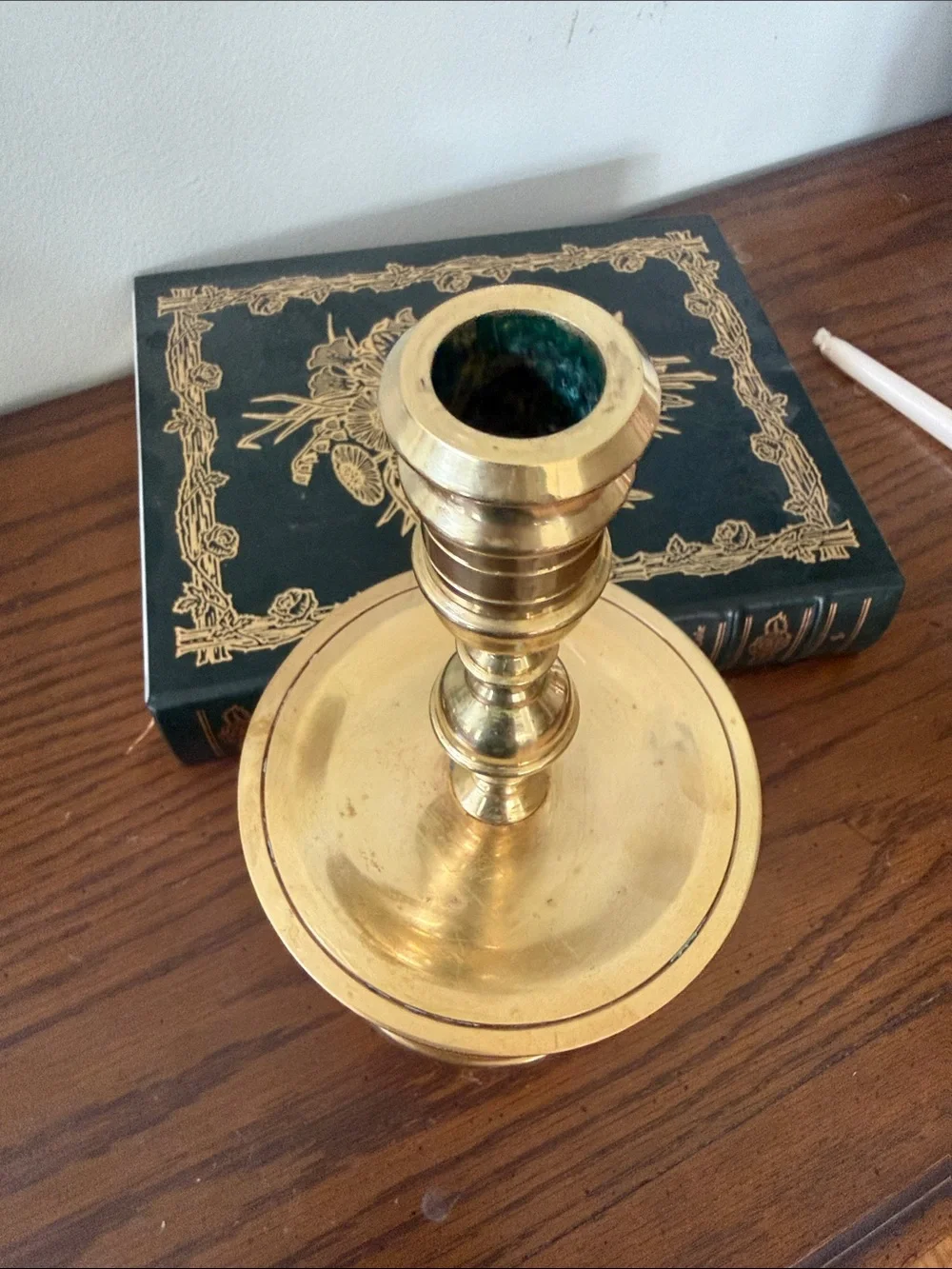 Vintage Brass Candlestick Holder with Circular Drip Tray  and Stepped Bell Base
